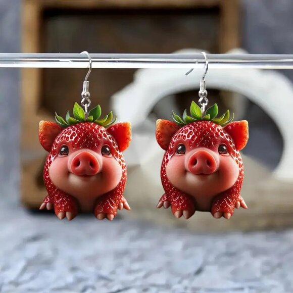 #13 Adorable Acrylic Strawberry Pig Earrings - Picture 1 of 2